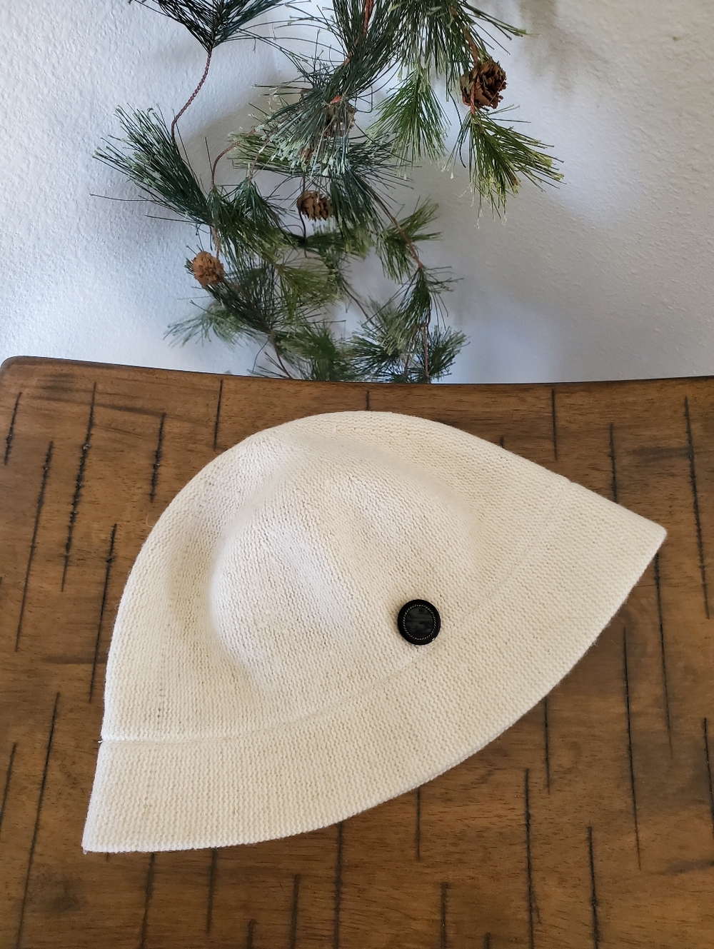 August Hat Co Wool Blend Knit Cream Button Cloche Bucket Hat